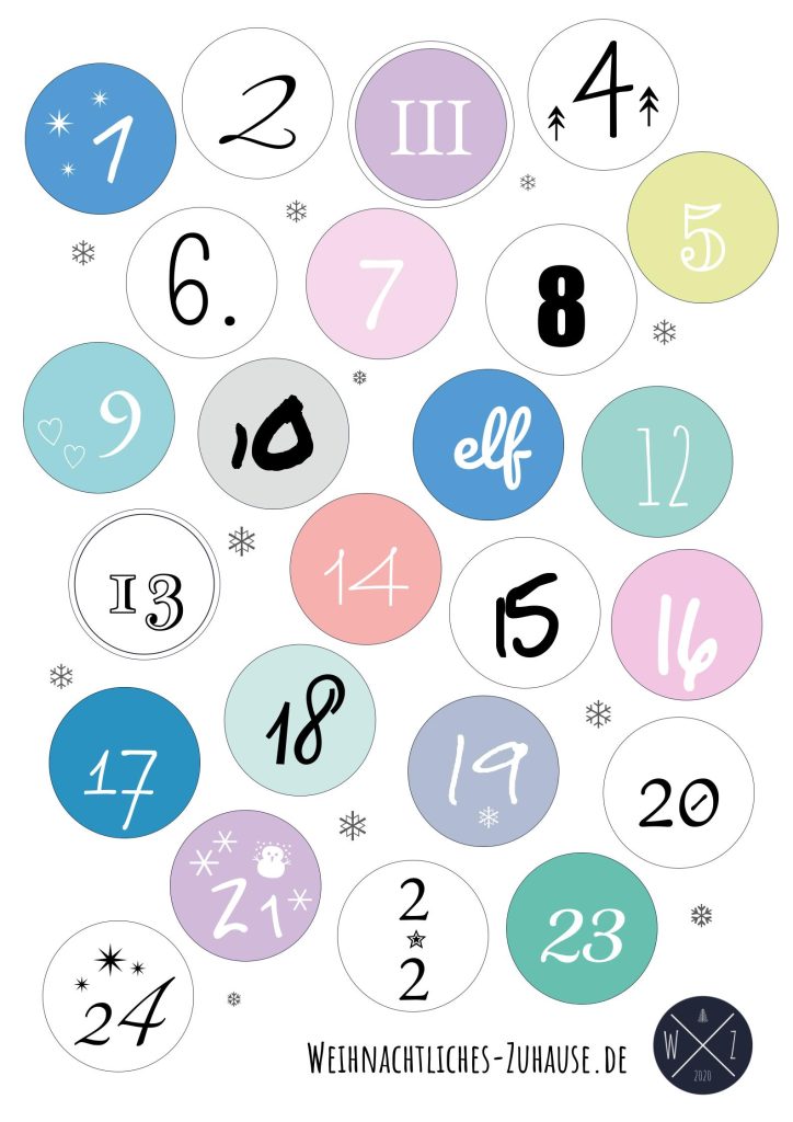Adventskalender Zahlen zum Ausdrucken - Pastell-Farben mit Handlettering Zahlen